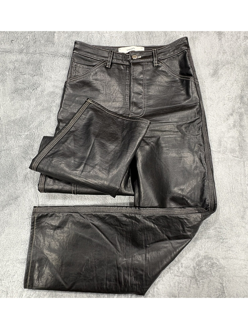 Simonett Womens S/M Black Coated Pants Contrast Stitch Cargo Y2K Miami Wide Leg
